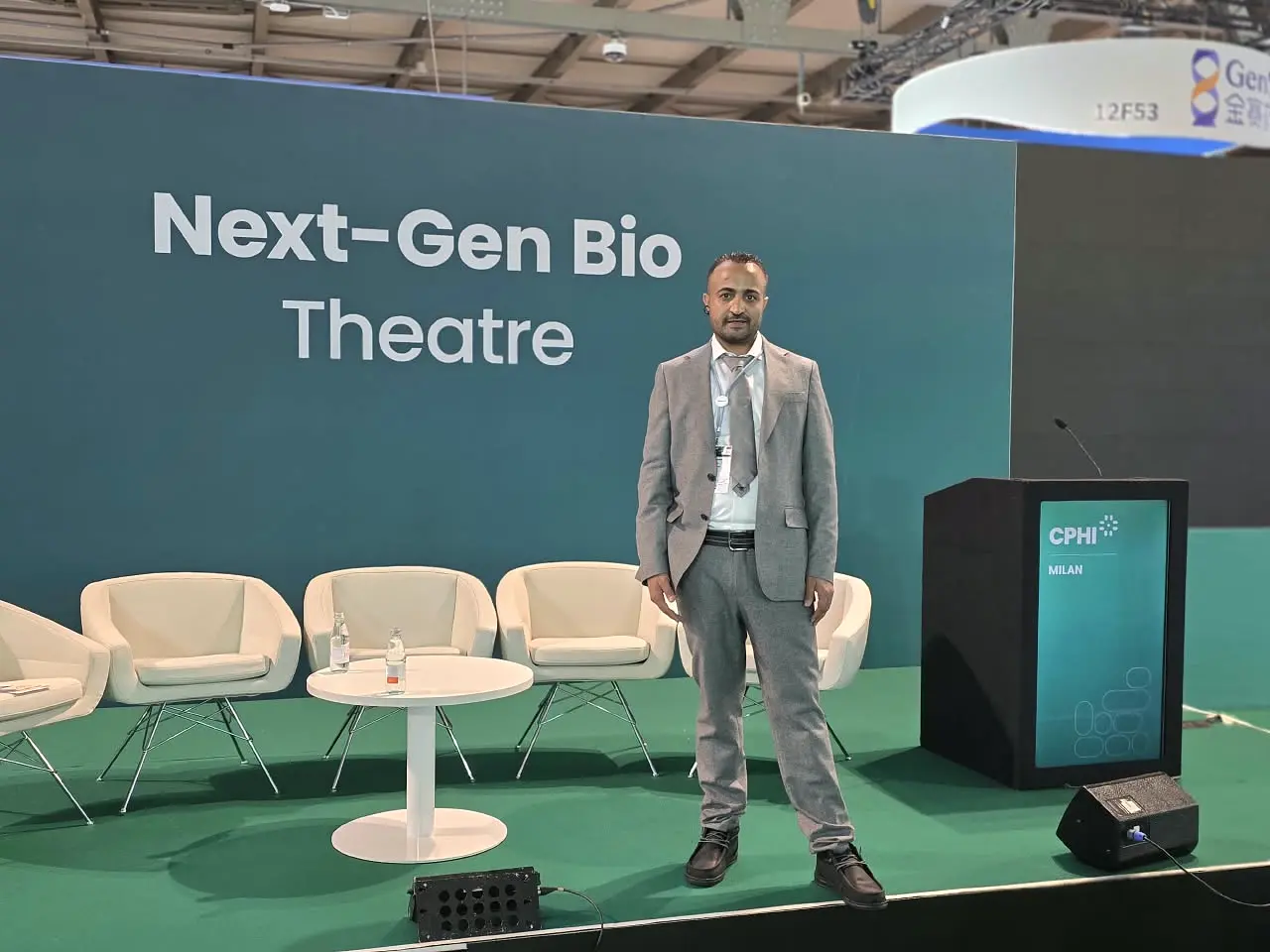 Nahbal Pharma representative at the Next-Gen Bio Theatre area during CPHI Milan